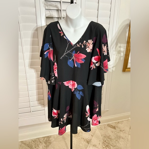 City Chic Tops - New City Chic Black Floral Pullover Flounce Sleeves Blouse Size XL / 22 NWT
